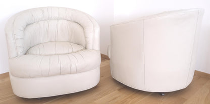 Pair Barrel Round Back Off White Leather Upholstery Swivel Lounge Chairs MINT!