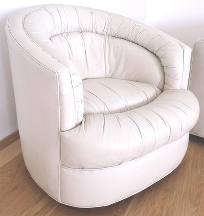 Pair Barrel Round Back Off White Leather Upholstery Swivel Lounge Chairs MINT!