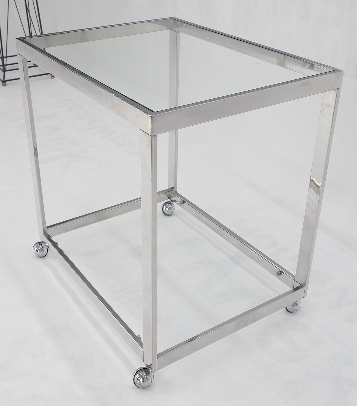 Polished Stainless Steel Box Shape Two Tier Serving Bar Cart Chrome Mid Century