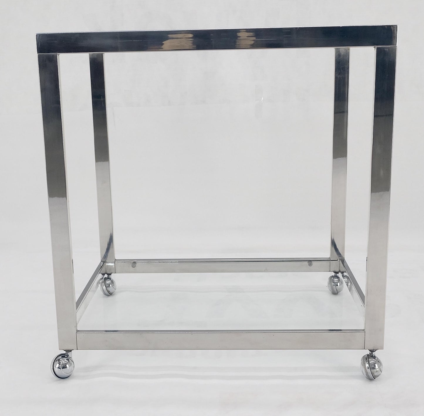 Polished Stainless Steel Box Shape Two Tier Serving Bar Cart Chrome Mid Century