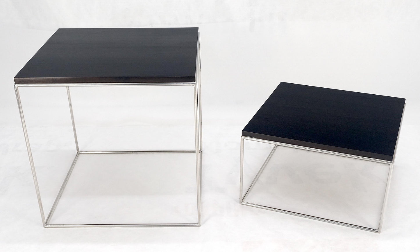 Espresso Walnut Cube Shape Nesting End Tables Polished Stainless Steel Chrome