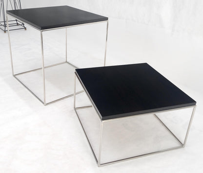 Espresso Walnut Cube Shape Nesting End Tables Polished Stainless Steel Chrome