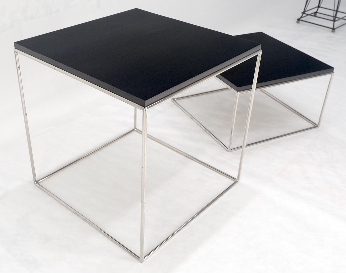 Espresso Walnut Cube Shape Nesting End Tables Polished Stainless Steel Chrome