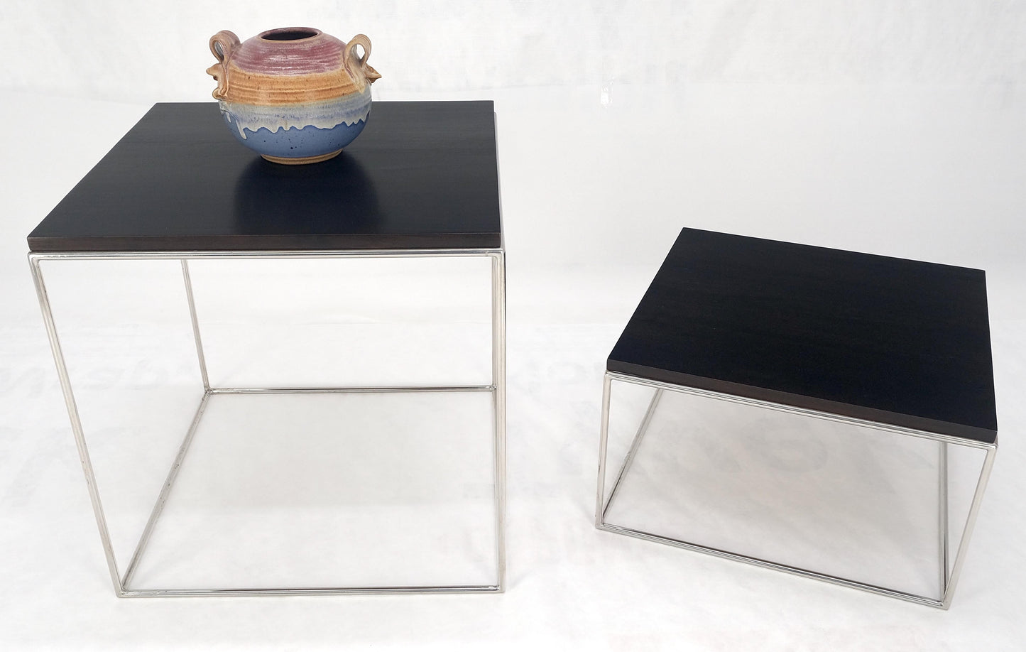 Espresso Walnut Cube Shape Nesting End Tables Polished Stainless Steel Chrome