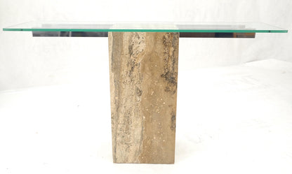 Single Travertine  Pedestal Glass Top Italian Modern Sofa Console Table MINT!