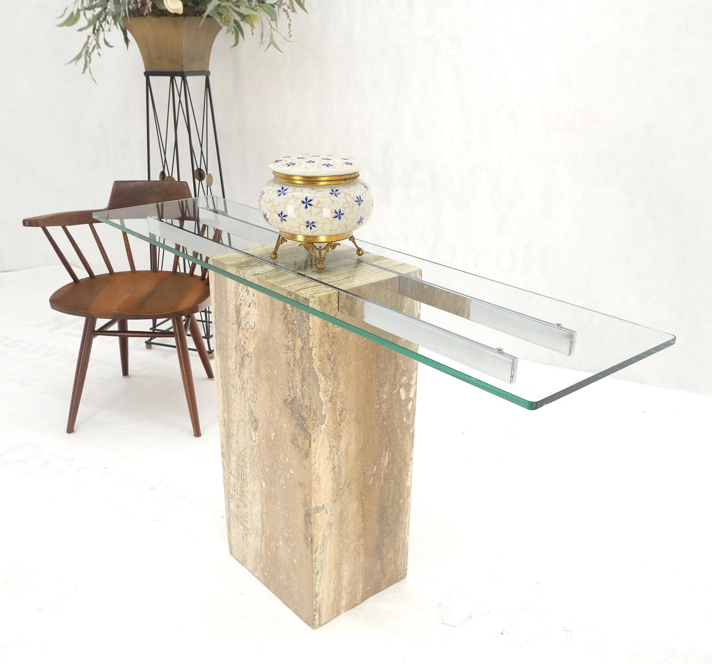 Single Travertine  Pedestal Glass Top Italian Modern Sofa Console Table MINT!