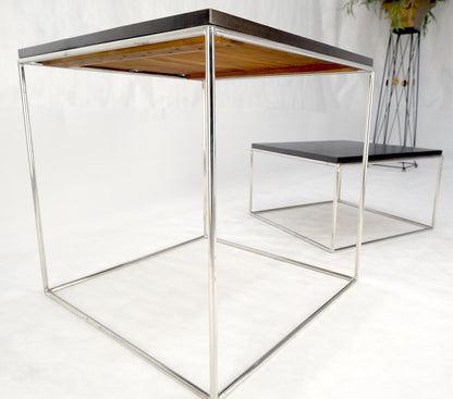 Espresso Walnut Cube Shape Nesting End Tables Polished Stainless Steel Chrome