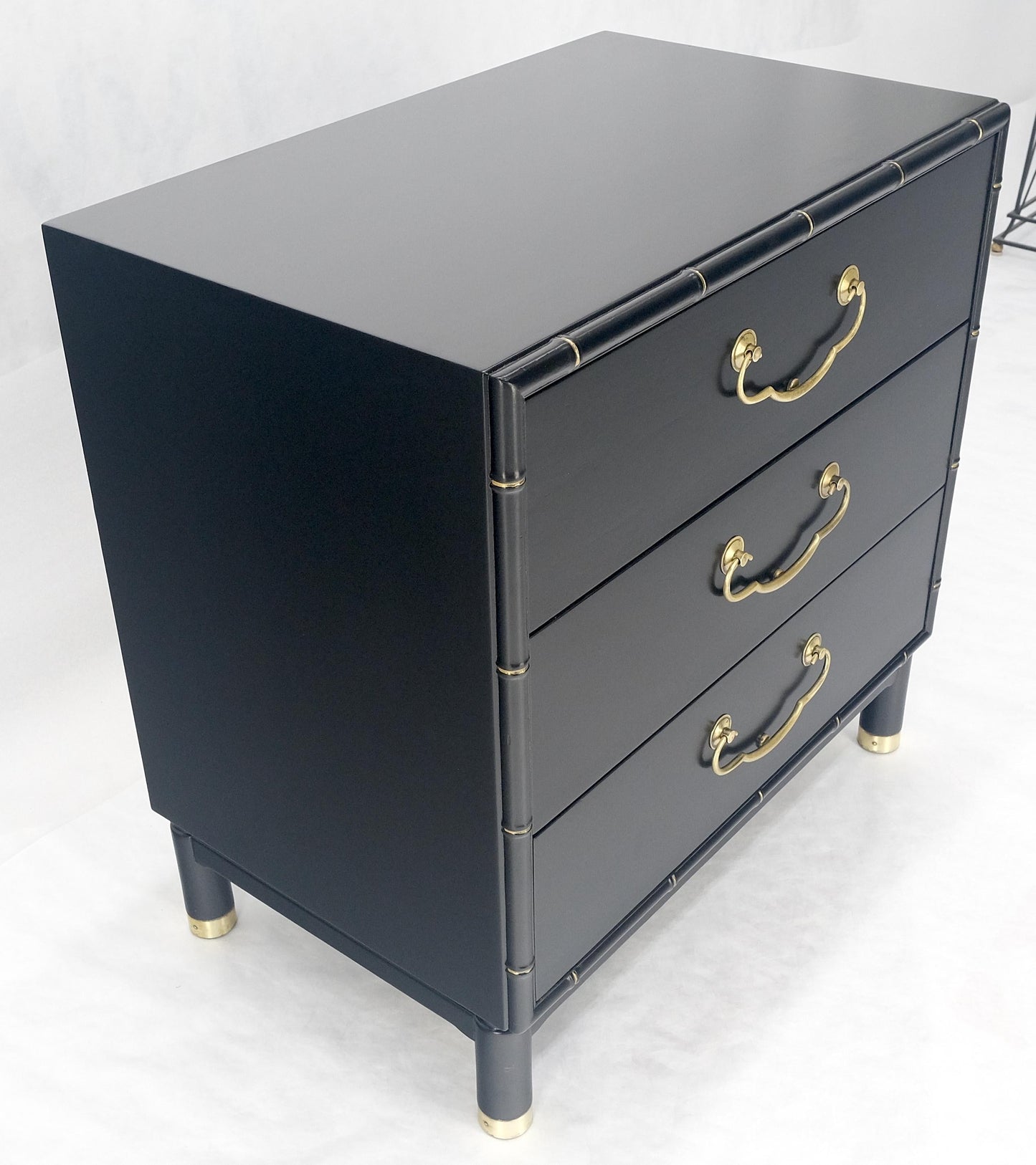 Black Lacquer Solid Brass Drop Pulls Faux Bamboo 3 Drawer Bachelor Chest Dresser