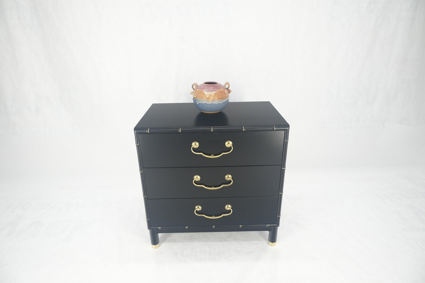 Black Lacquer Solid Brass Drop Pulls Faux Bamboo 3 Drawer Bachelor Chest Dresser