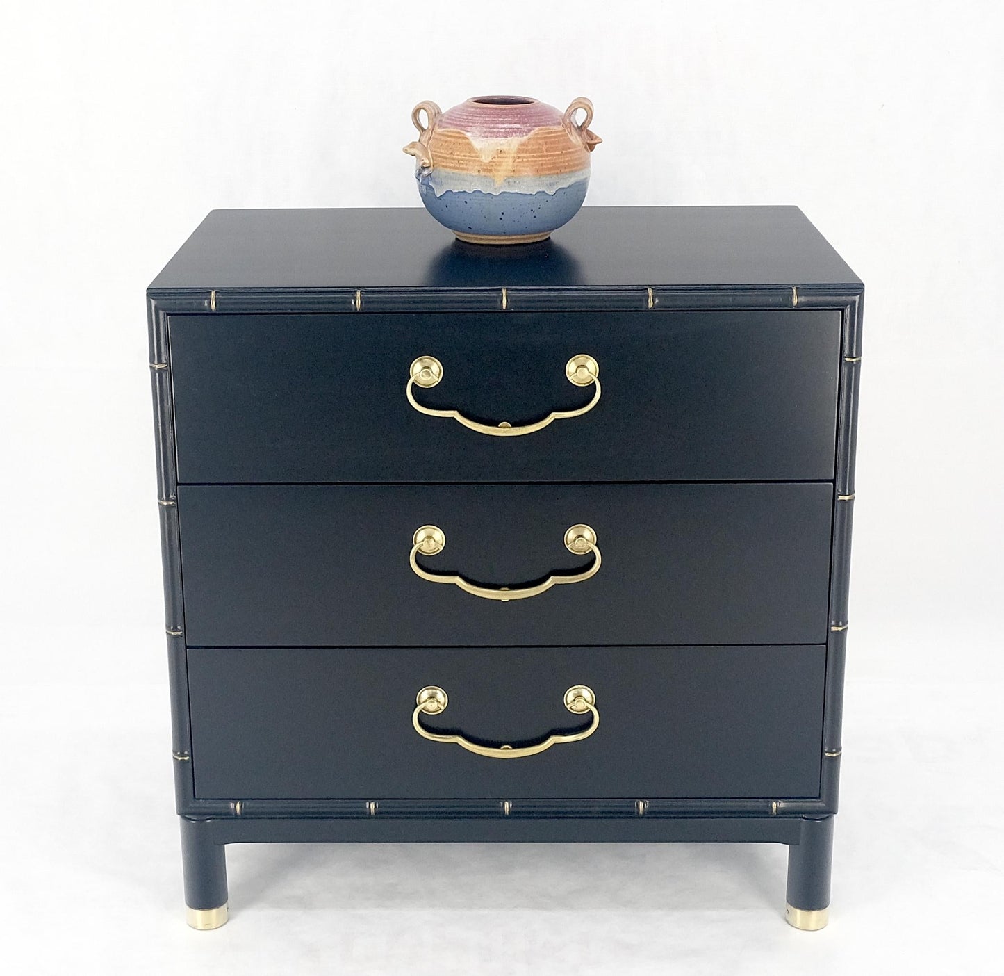 Black Lacquer Solid Brass Drop Pulls Faux Bamboo 3 Drawer Bachelor Chest Dresser