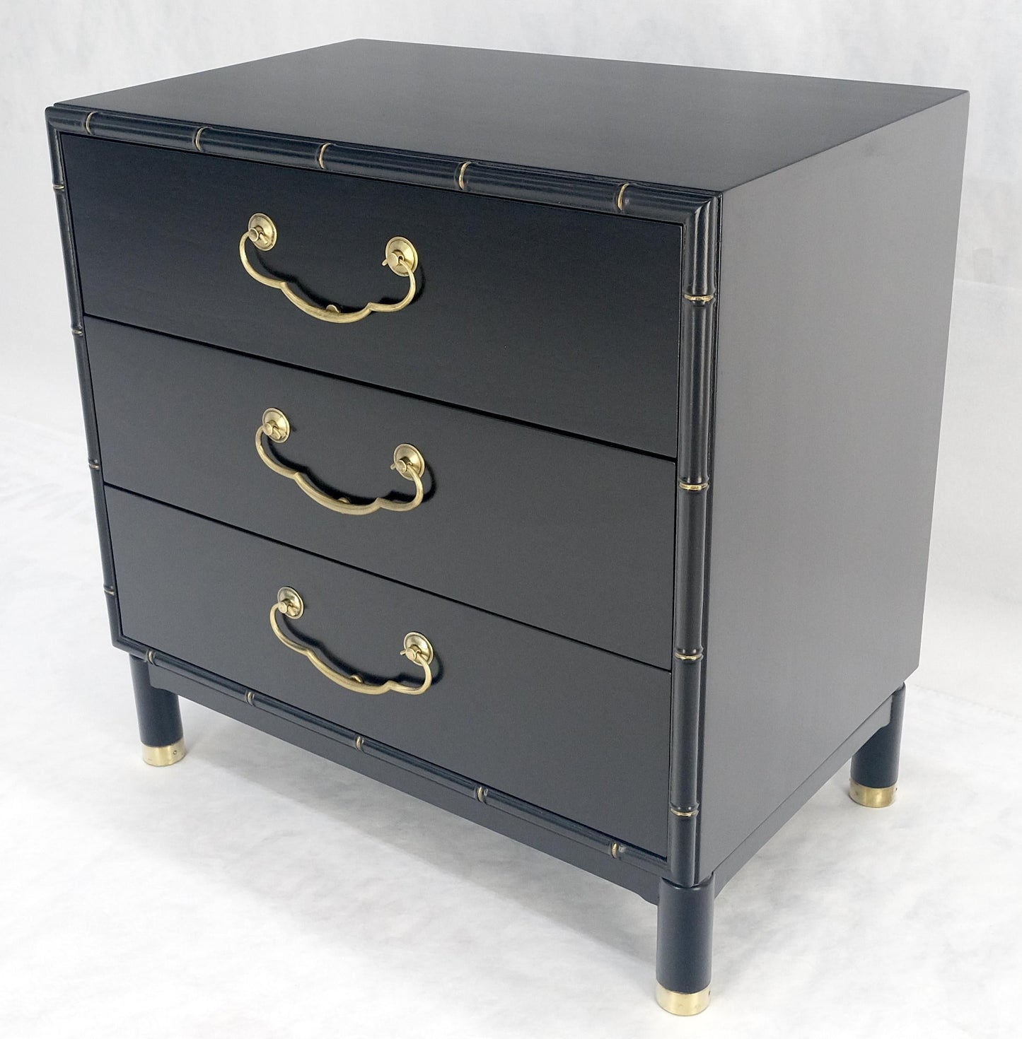 Black Lacquer Solid Brass Drop Pulls Faux Bamboo 3 Drawer Bachelor Chest Dresser