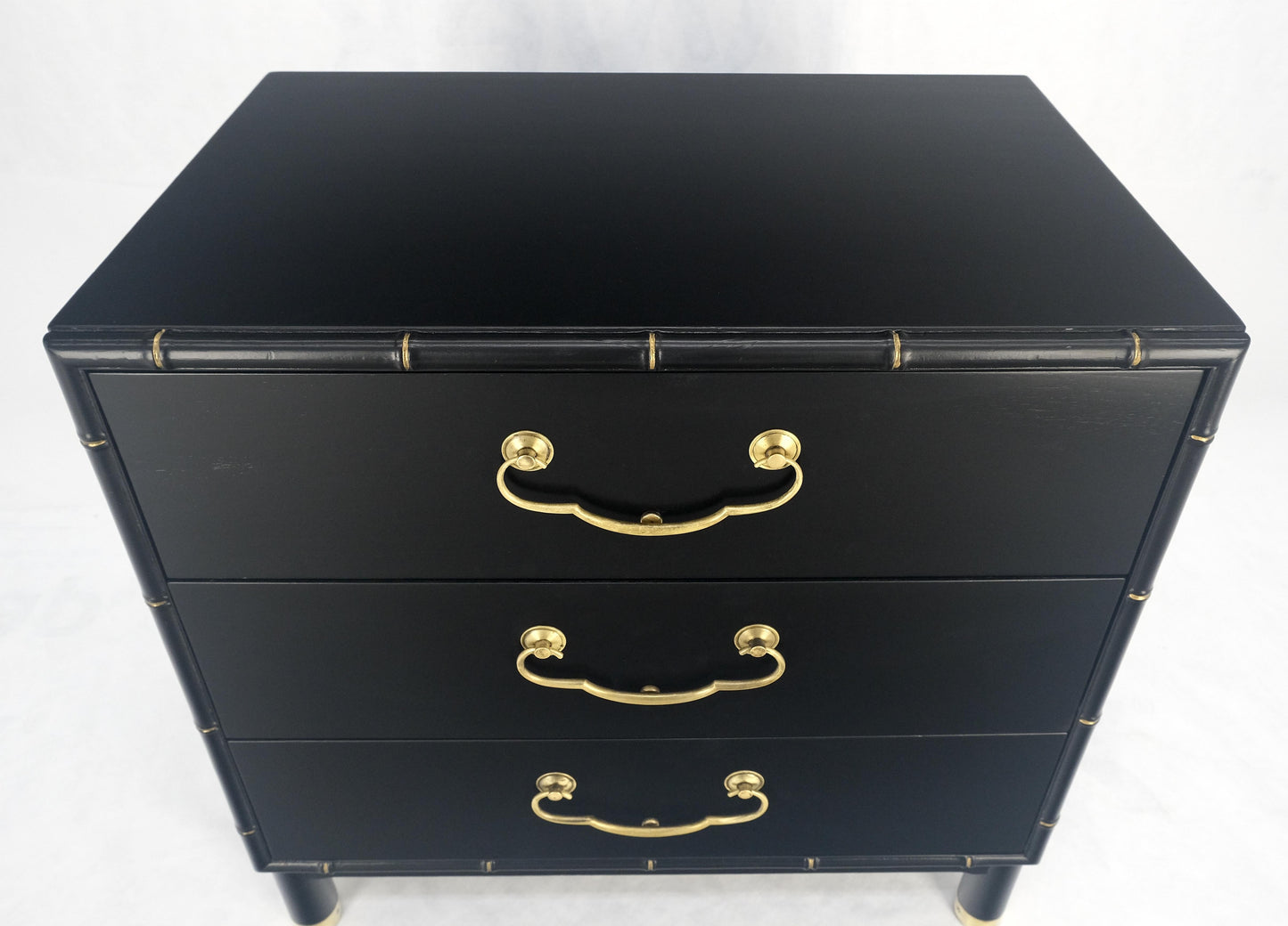 Black Lacquer Solid Brass Drop Pulls Faux Bamboo 3 Drawer Bachelor Chest Dresser