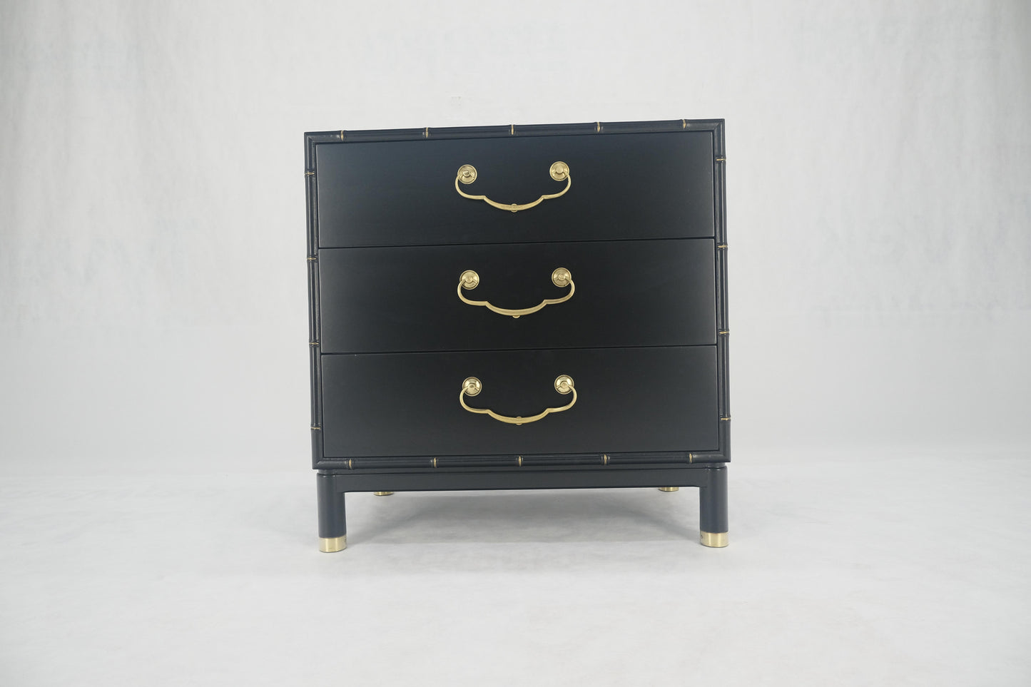 Black Lacquer Solid Brass Drop Pulls Faux Bamboo 3 Drawer Bachelor Chest Dresser