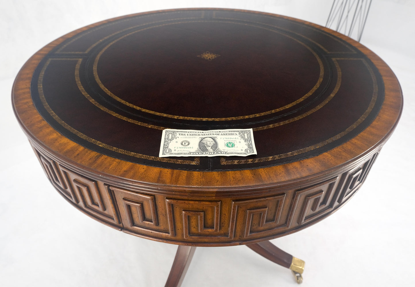 Embossed Burgundy Leather 36" Diameter Mahogany Drum Game Table Gueridon MINT