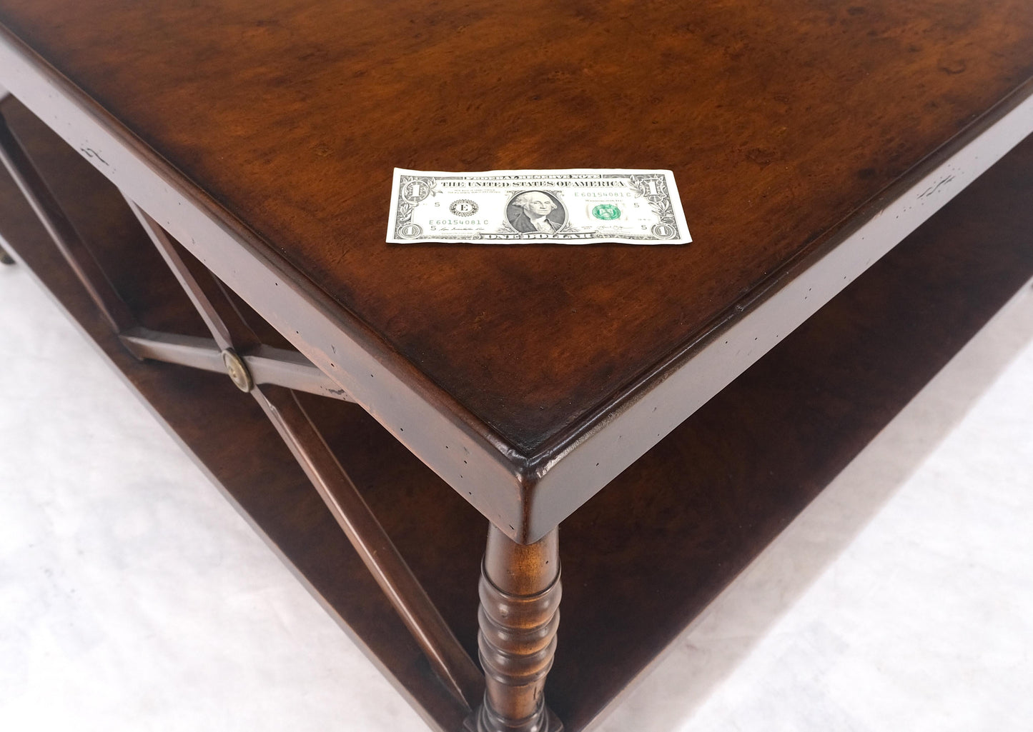 Large Honey Dark Amber Brown Burl Walnut Square Two Tier Coffee Table Wheel MINT