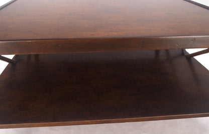 Large Honey Dark Amber Brown Burl Walnut Square Two Tier Coffee Table Wheel MINT