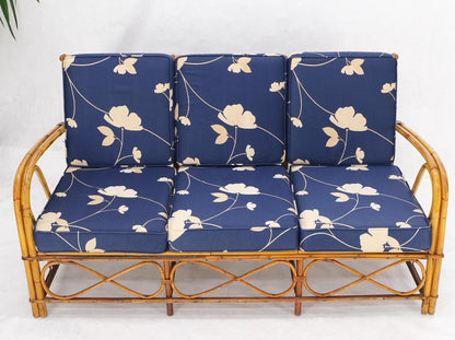 Split Reed Wicker Rattan Bamboo 3 Seater Sofa Blue & White Cushions