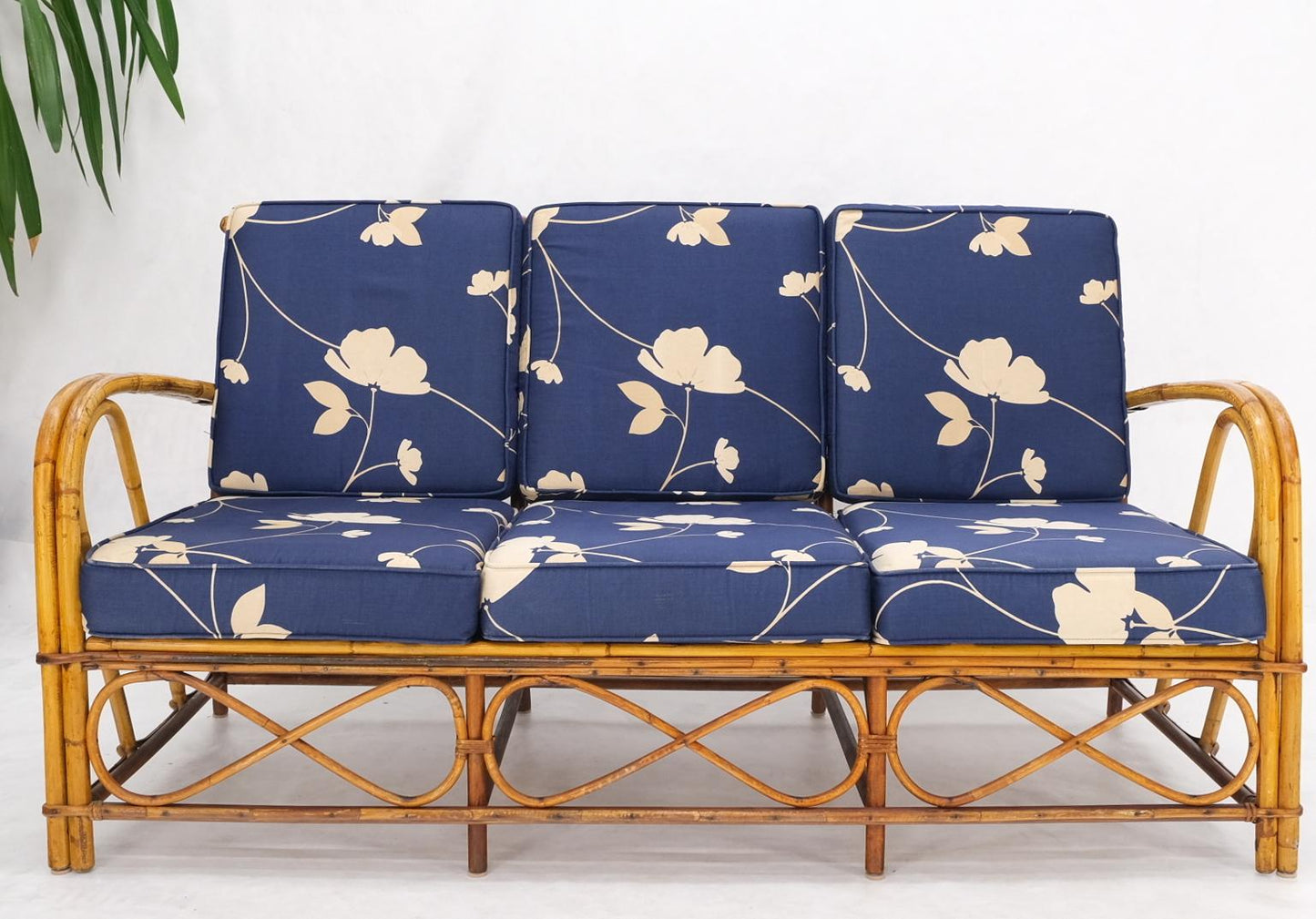 Split Reed Wicker Rattan Bamboo 3 Seater Sofa Blue & White Cushions