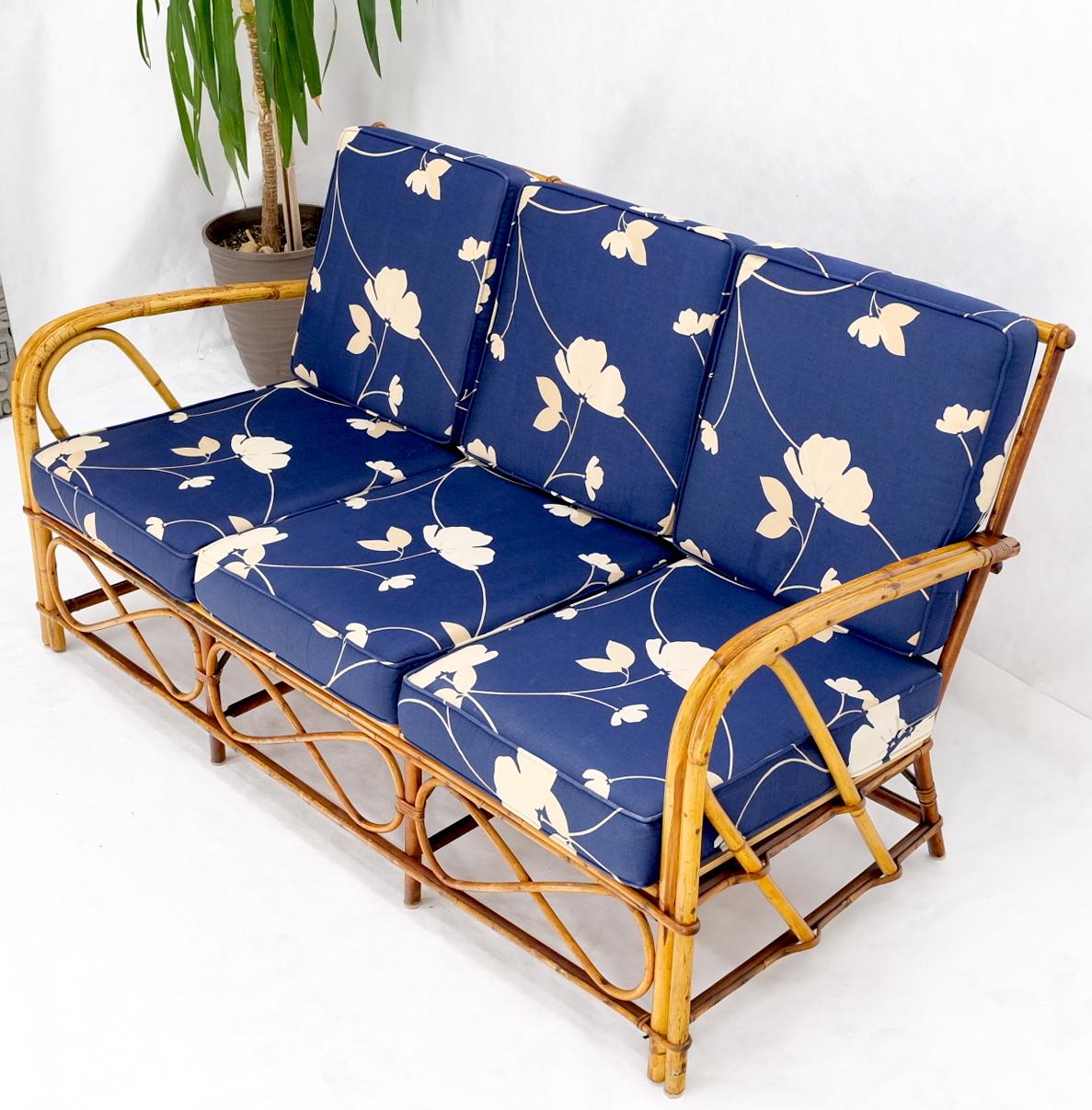 Split Reed Wicker Rattan Bamboo 3 Seater Sofa Blue & White Cushions