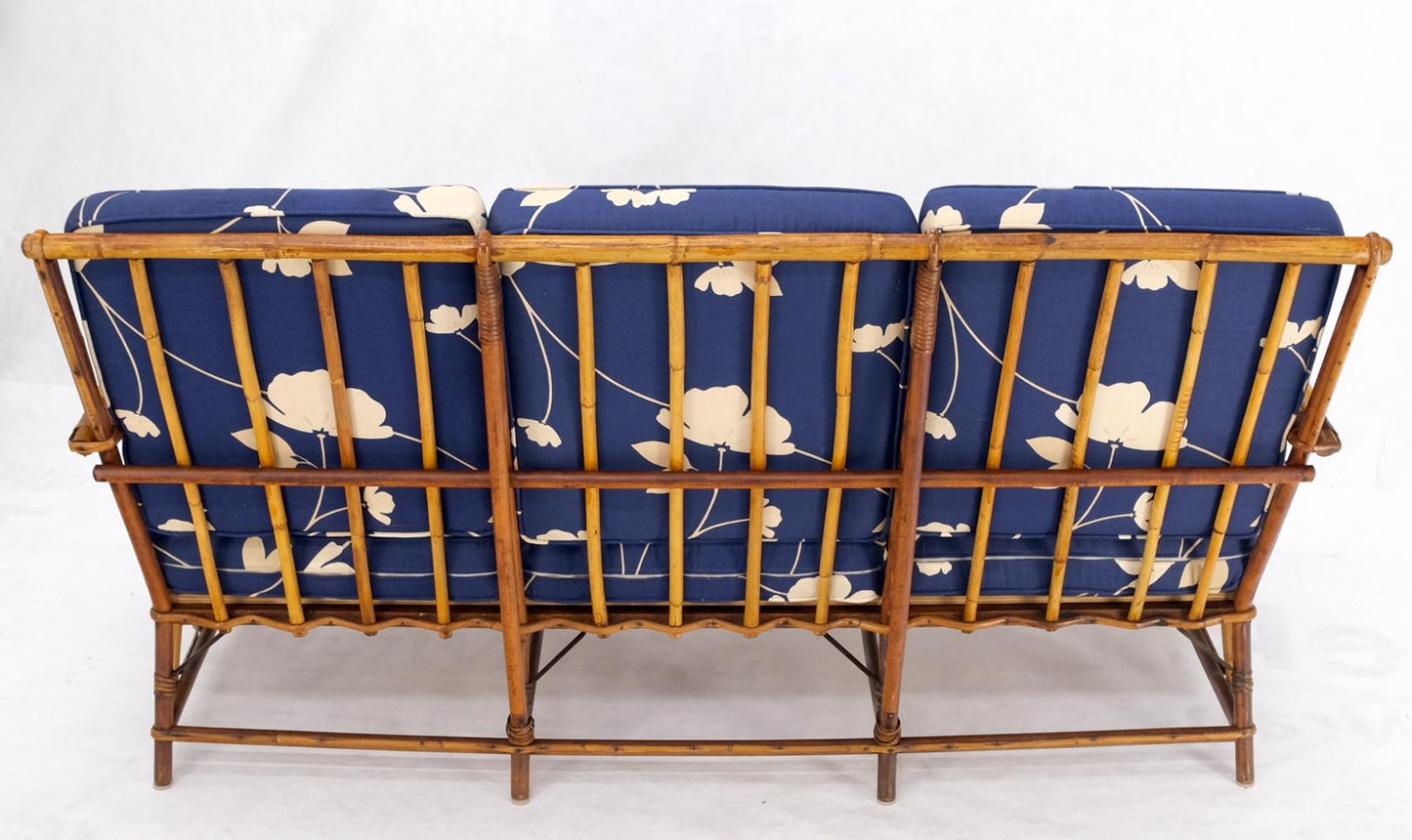 Split Reed Wicker Rattan Bamboo 3 Seater Sofa Blue & White Cushions