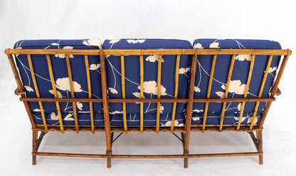 Split Reed Wicker Rattan Bamboo 3 Seater Sofa Blue & White Cushions