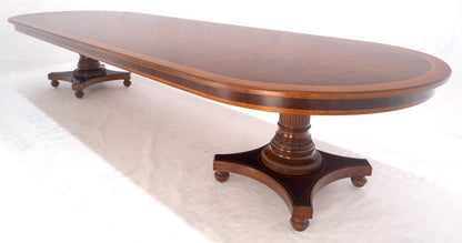 Banded Oval Racetrack Shape Carved Double Pedestal Burl Walnut 13' Long Dining