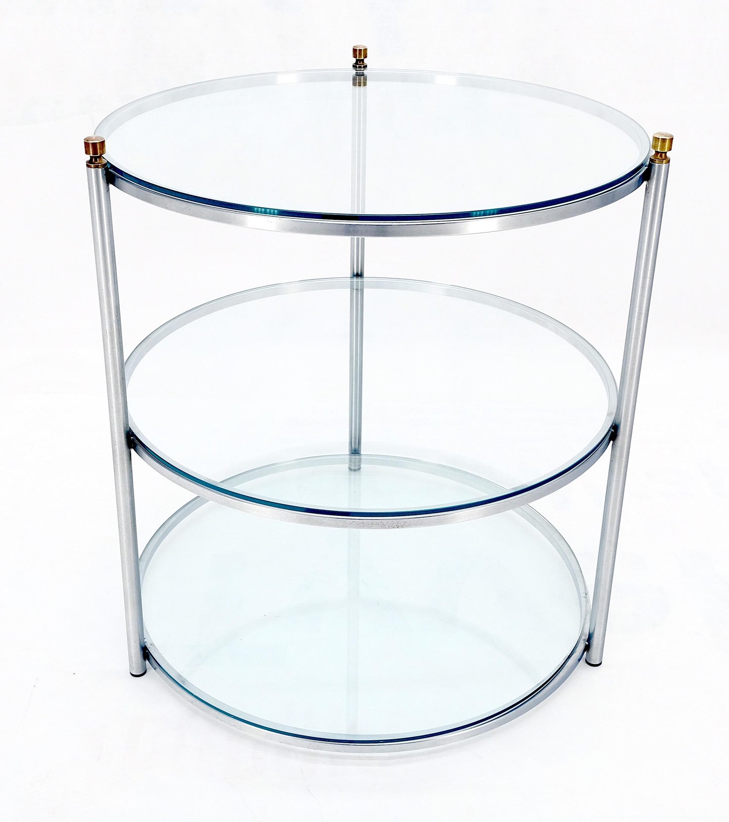 Round 22' Diameter 3 Tier Glass Shelves Chrome Brass Finials Side End Table MINT