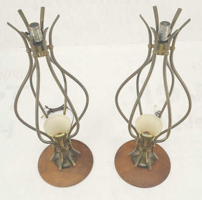 Pair of Onion Shape Turned Solid Walnut Bases Brass Harps Table Lamps MINT!