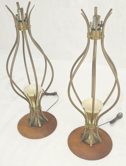 Pair of Onion Shape Turned Solid Walnut Bases Brass Harps Table Lamps MINT!