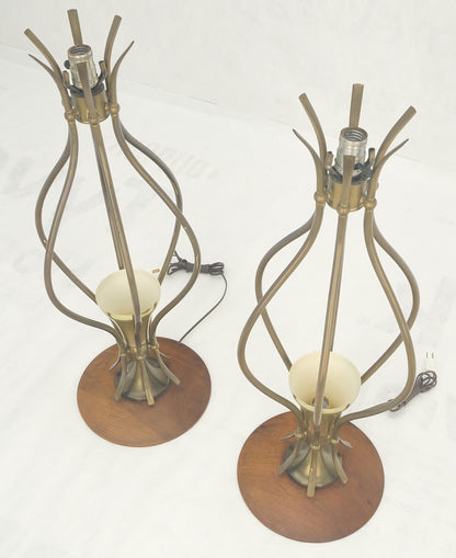 Pair of Onion Shape Turned Solid Walnut Bases Brass Harps Table Lamps MINT!