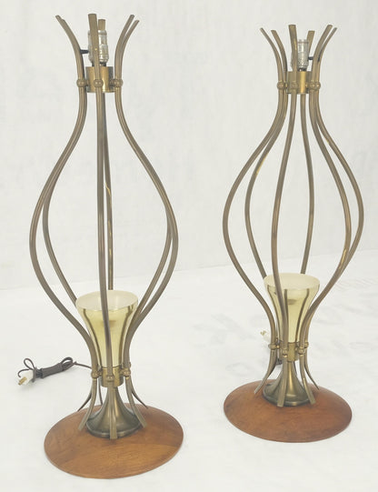 Pair of Onion Shape Turned Solid Walnut Bases Brass Harps Table Lamps MINT!