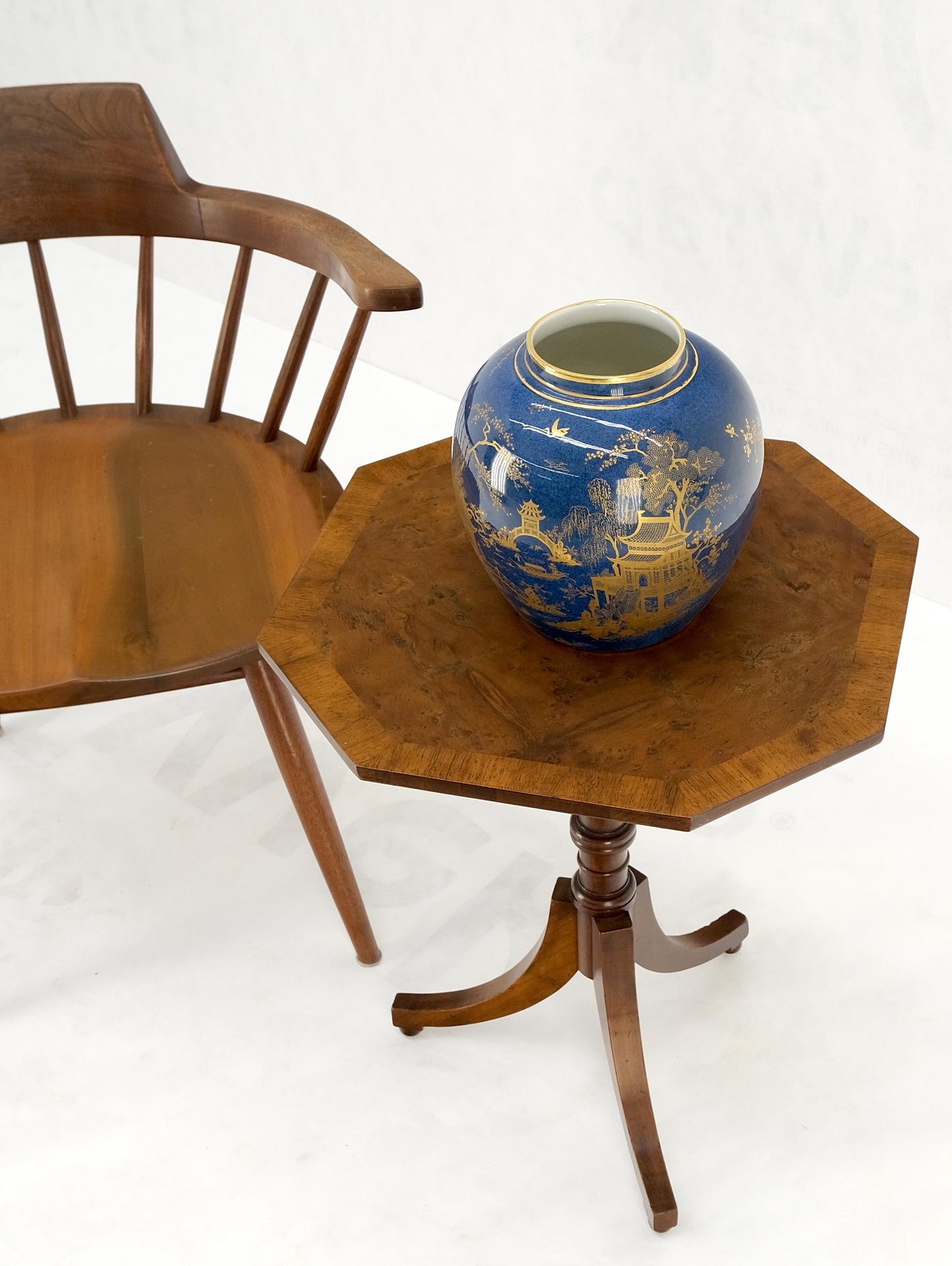 Fine Octagonal Shape Banded Burl Wood Tripod Base Occasional Table Stand Mint!