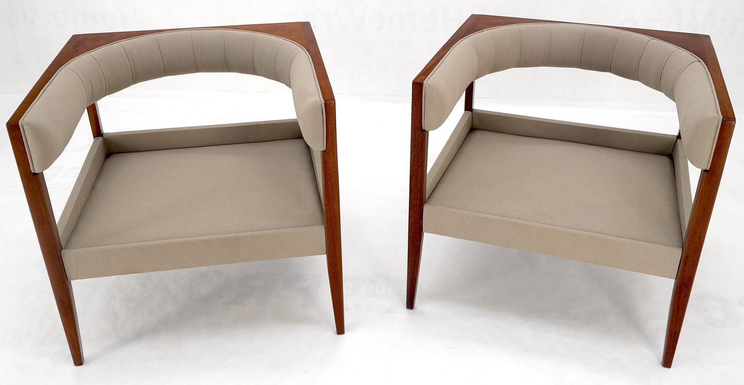 Pair New Alcantera Upholstery Walnut Cube Shape Barrel Back Lounge Chairs MINT!