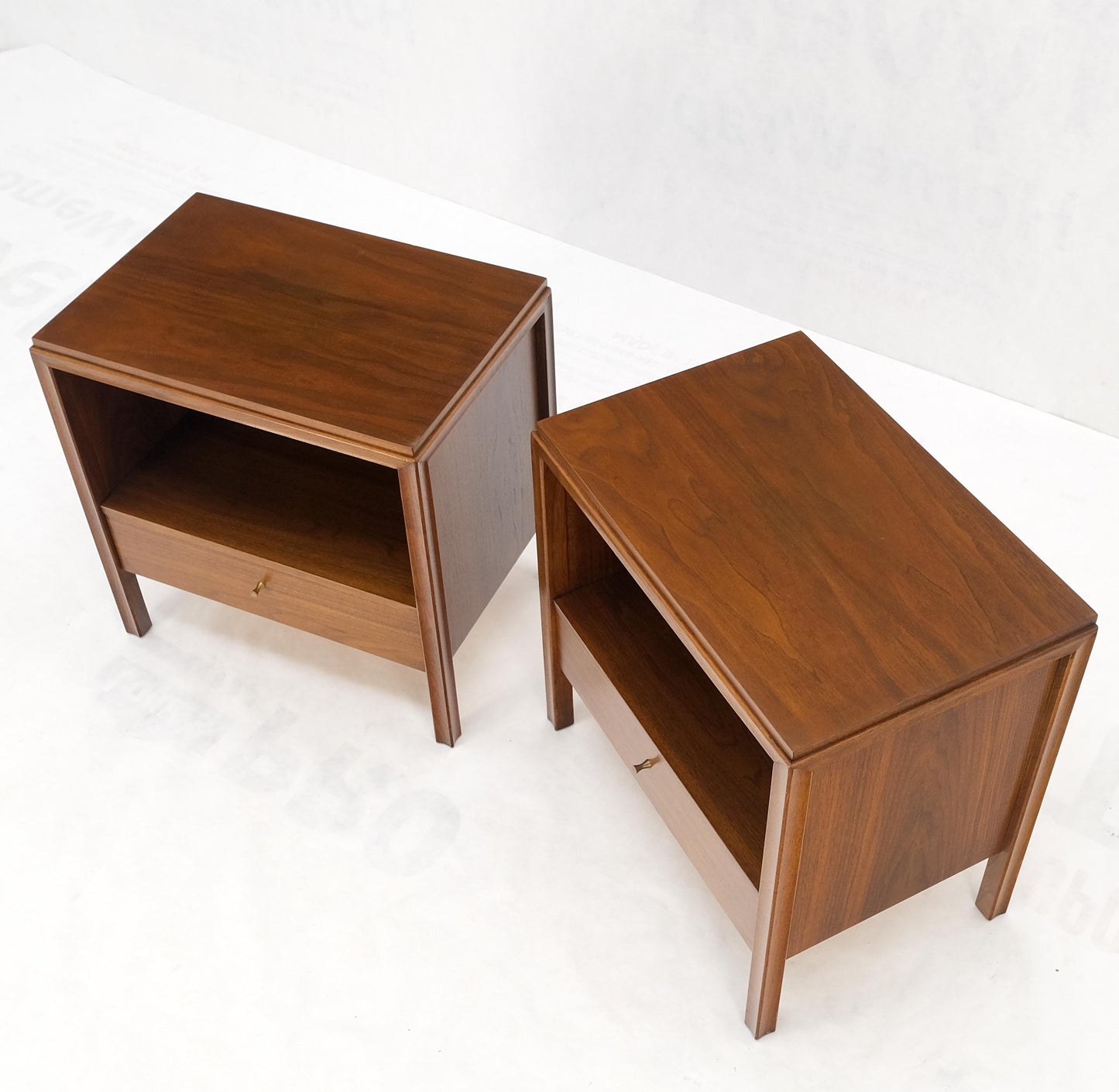 Pair Finished Back Danish Mid Century Modern One Drawer Walnut Night Stands MINT