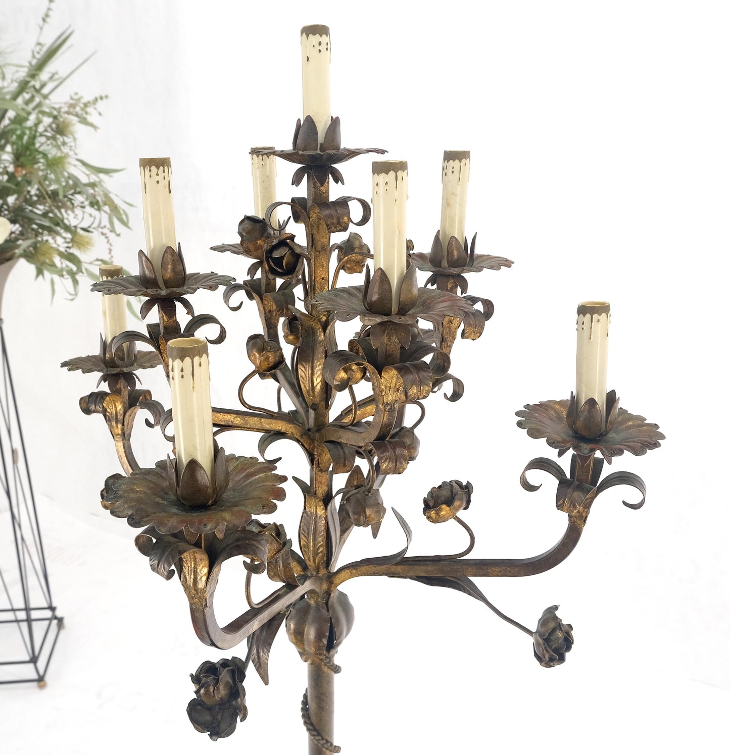 Candelabra Forged Golt Gilt Metal Flowers & Leafs Motive Italian Floor Lamp NICE