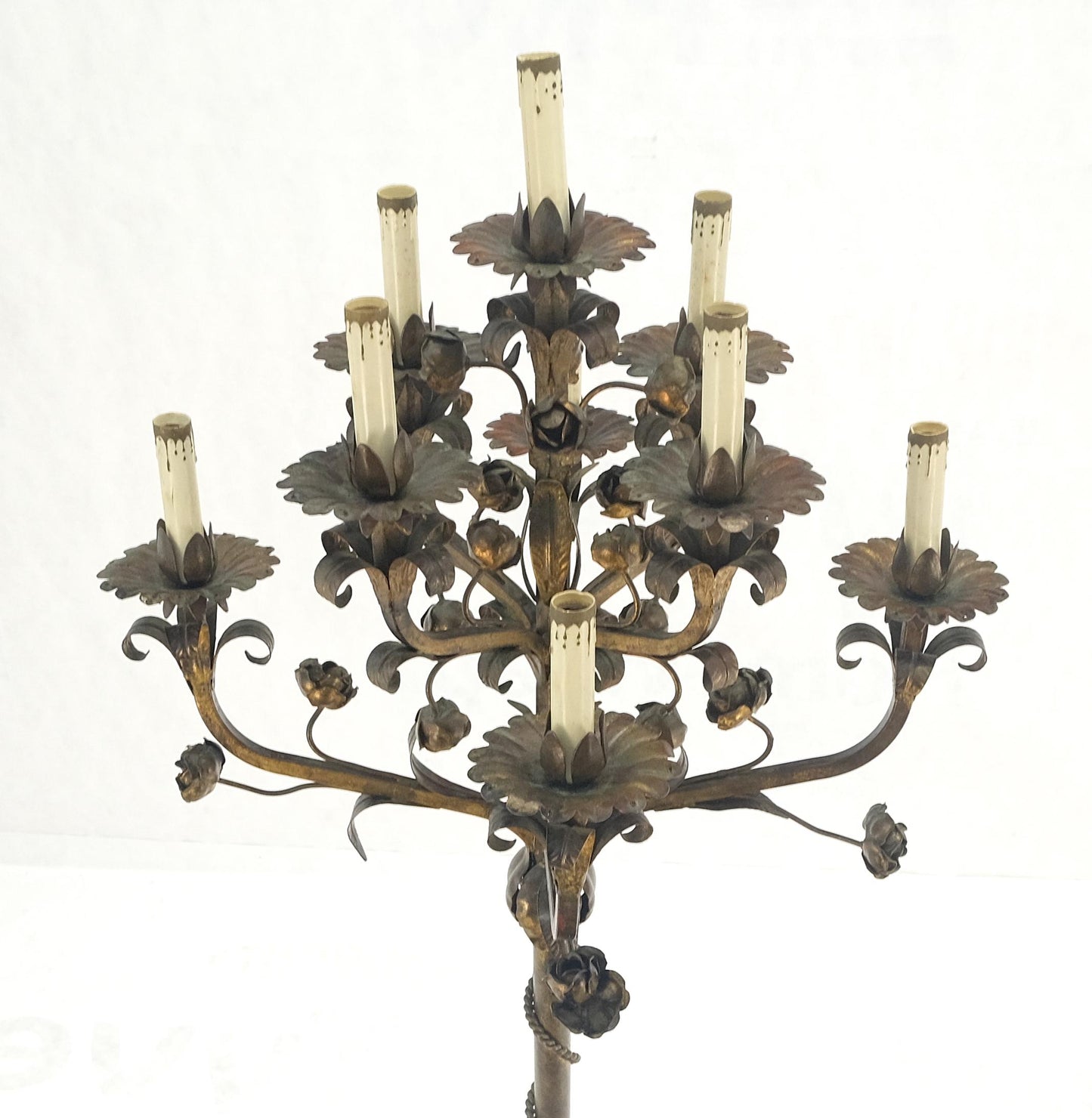 Candelabra Forged Golt Gilt Metal Flowers & Leafs Motive Italian Floor Lamp NICE