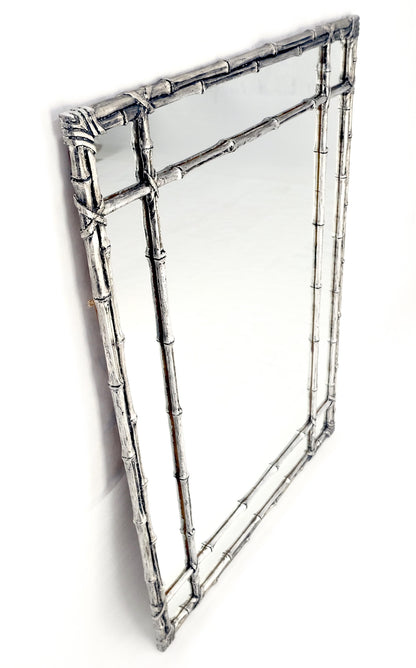 Hollywood Regency Cast Aluminum Faux Bamboo Silvered Gilt Metal Rectangle Mirror