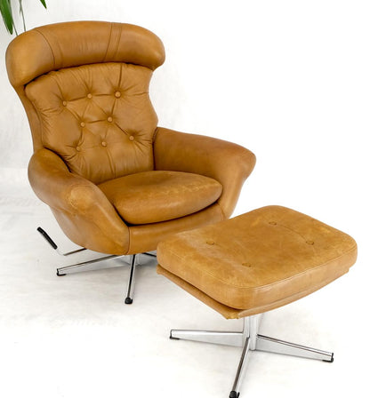 Mid-Century Modern Tan Leather Egg Style Wide Back Lounge Chair & Ottoman