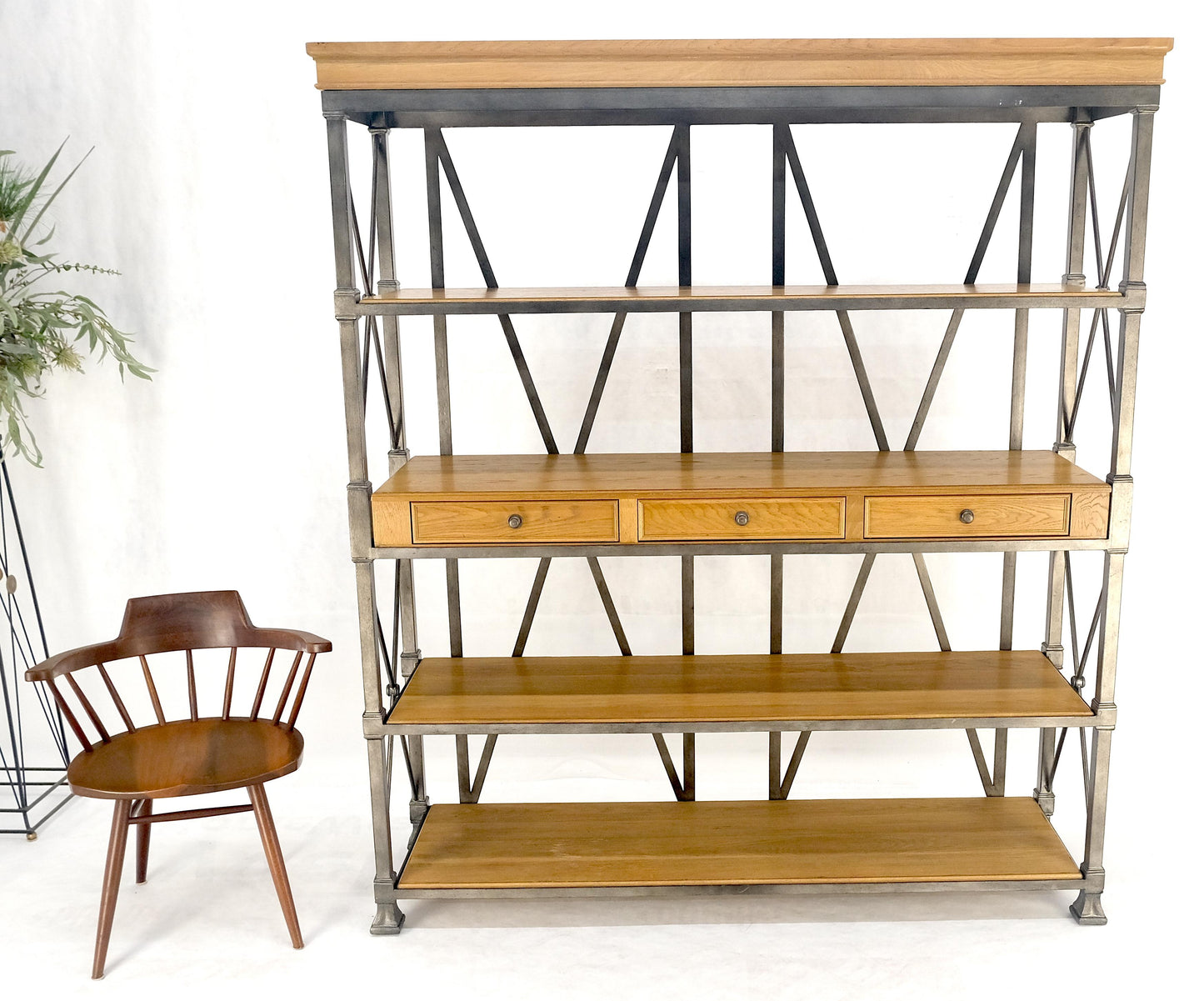 Large Drexel Oak Shelves 5' Wide Iron Etagere Bakers Rack  3 Drawer Console MINT