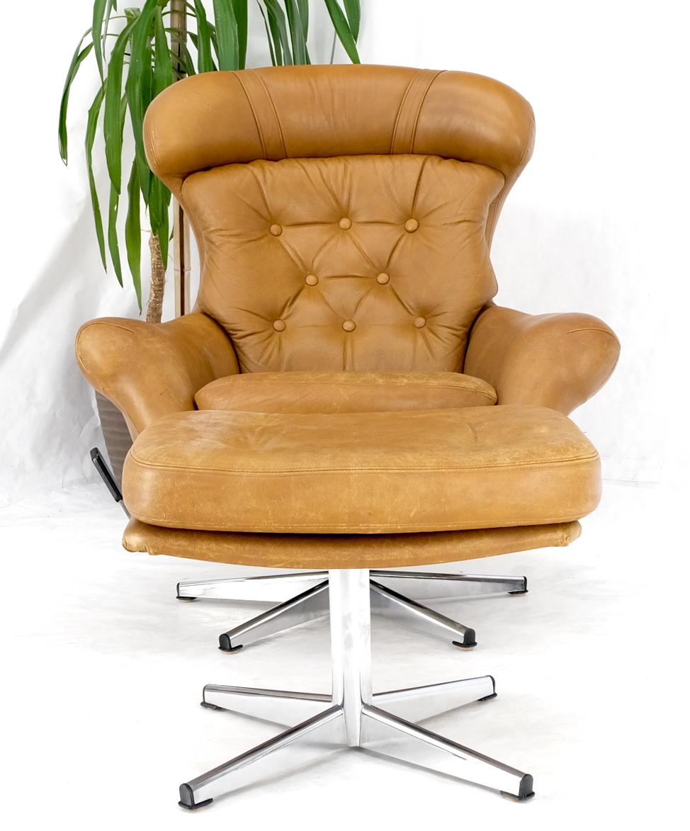 Mid-Century Modern Tan Leather Egg Style Wide Back Lounge Chair & Ottoman