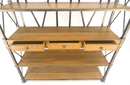 Large Drexel Oak Shelves 5' Wide Iron Etagere Bakers Rack  3 Drawer Console MINT