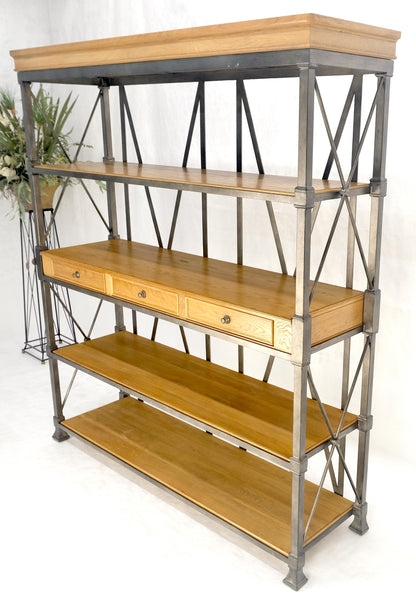 Large Drexel Oak Shelves 5' Wide Iron Etagere Bakers Rack  3 Drawer Console MINT