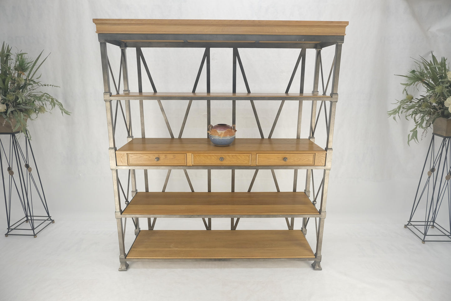 Large Drexel Oak Shelves 5' Wide Iron Etagere Bakers Rack  3 Drawer Console MINT