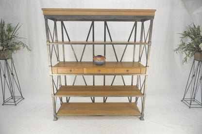 Large Drexel Oak Shelves 5' Wide Iron Etagere Bakers Rack  3 Drawer Console MINT