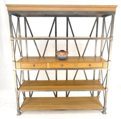 Large Drexel Oak Shelves 5' Wide Iron Etagere Bakers Rack  3 Drawer Console MINT