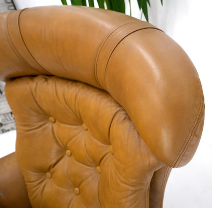 Mid-Century Modern Tan Leather Egg Style Wide Back Lounge Chair & Ottoman