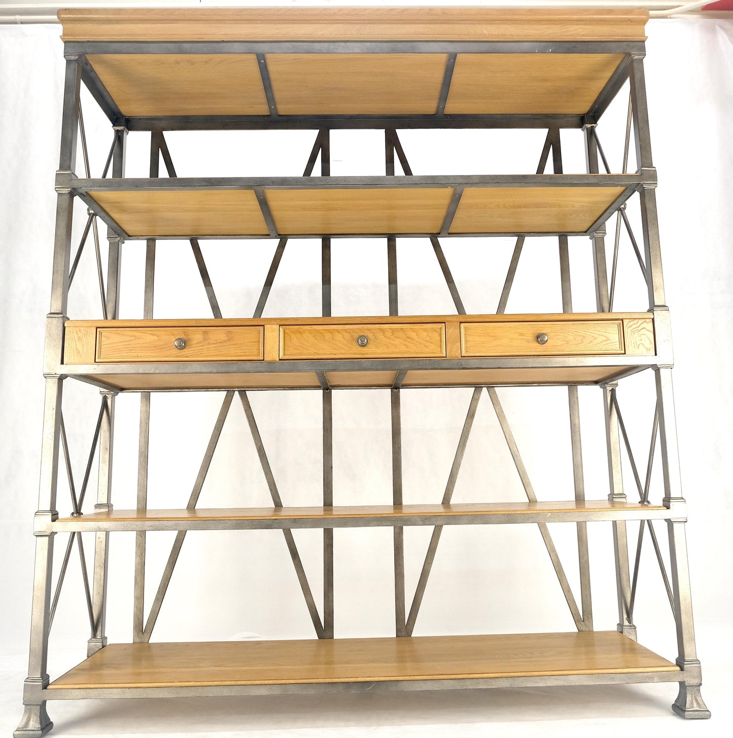 Large Drexel Oak Shelves 5' Wide Iron Etagere Bakers Rack  3 Drawer Console MINT