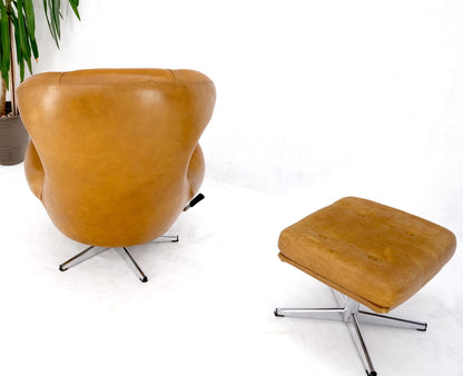 Mid-Century Modern Tan Leather Egg Style Wide Back Lounge Chair & Ottoman