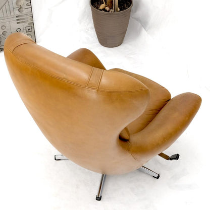 Mid-Century Modern Tan Leather Egg Style Wide Back Lounge Chair & Ottoman