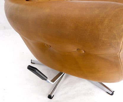 Mid-Century Modern Tan Leather Egg Style Wide Back Lounge Chair & Ottoman